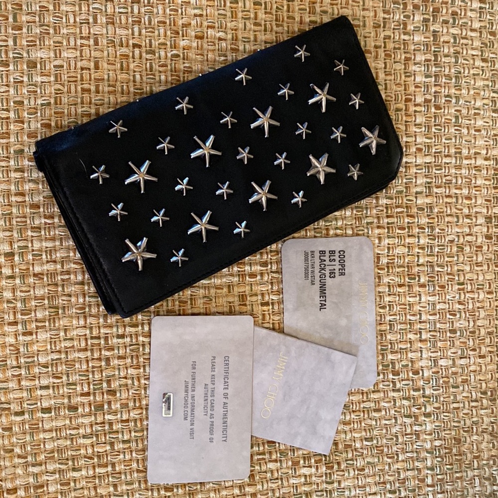🌼 Jimmy Choo Cooper Black leather star-studded bifold wallet
